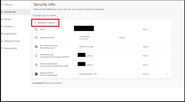 This picture shows Security info -> Password (preview) sign-in method and select Change