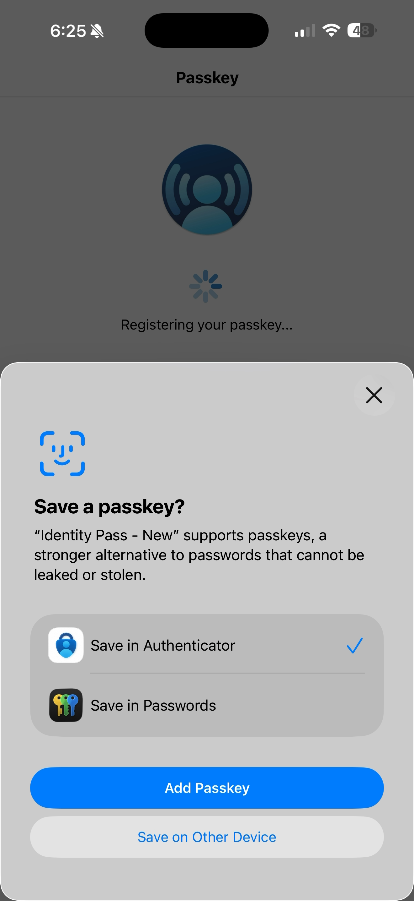 This picture shows Save the passkey and select Add passkey