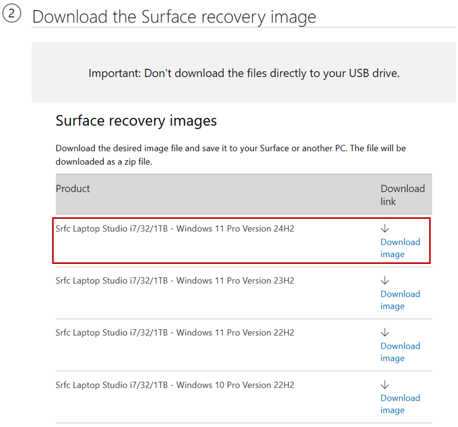 This picture shows how to download the Surface recovery image