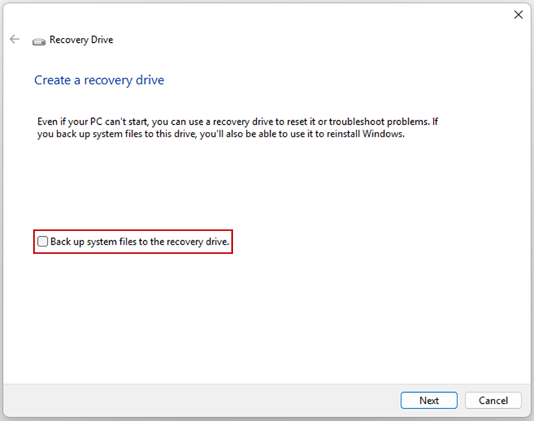 This picture shows recovery Drive: Uncheck 'Back up system files to the recovery drive.'