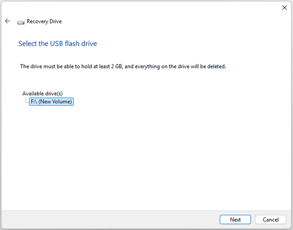 This picture shows how to Recovery Drive: Select the USB