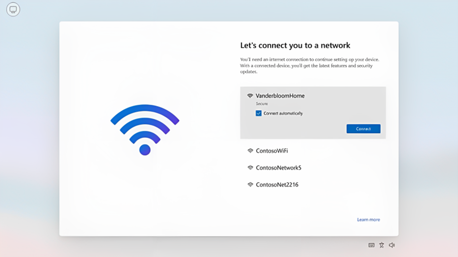 This picture shows how to Choose your preferred network and select Connect. If you're setting up your device in a Microsoft building, select MSFTGUEST