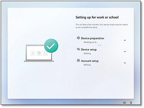 This picture shows that Wait for Device preparation, Device setup, and Account setup to complete. Your device may restart.
